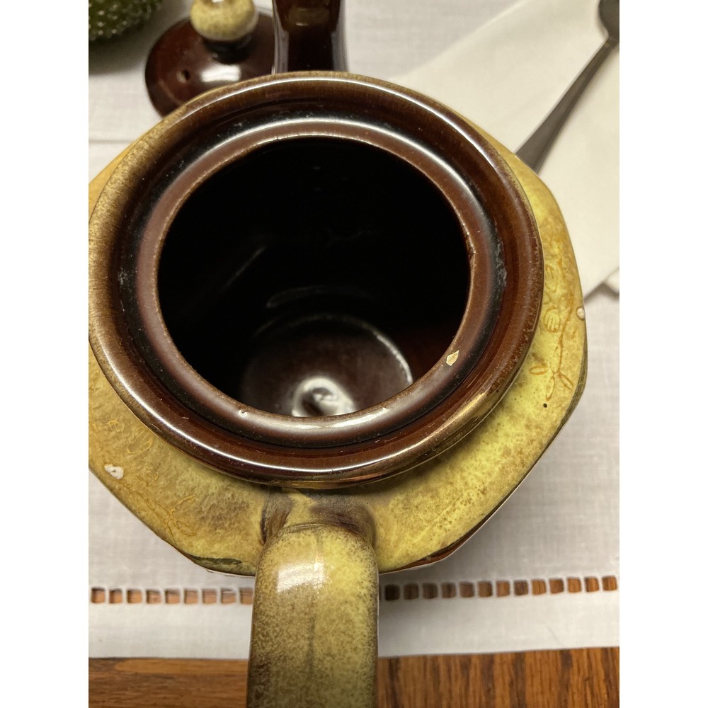 Vintage Japanese Ceramic Teapot Brown Drip Glaze Hand Painted Floral Hexagonal - Picture 6 of 11
